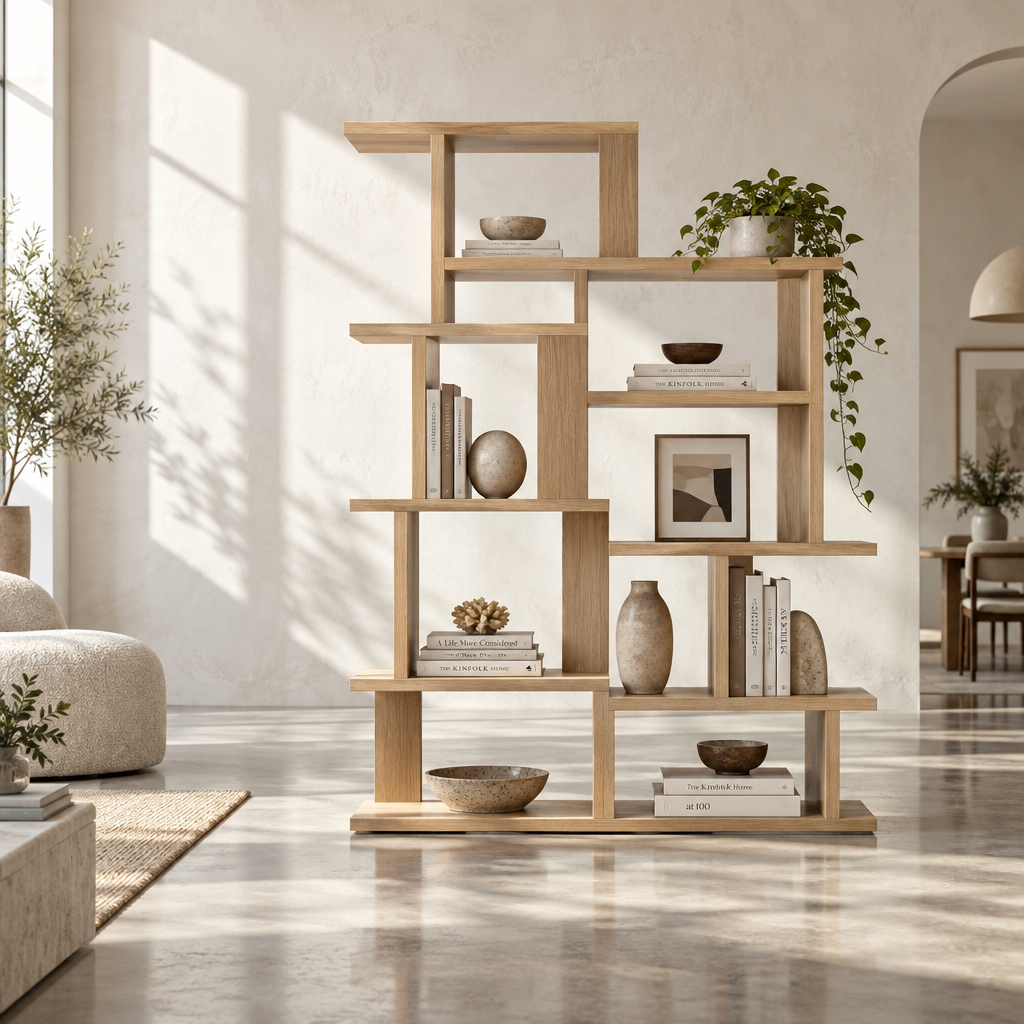 Minimalist wooden geometric bookshelf